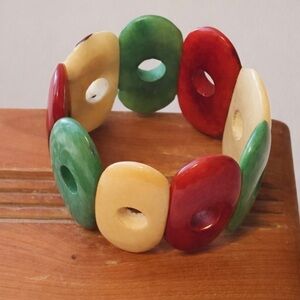 Vintage 90s Boho Chunky Stretch Bracelet Green Red Cream Disc Beads
